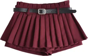 Mini Pleated Skirts for Women, Y2K High Waist Stretchy Tennis Skater A-Line Short Skirt with Shorts Underneath. Wine Red