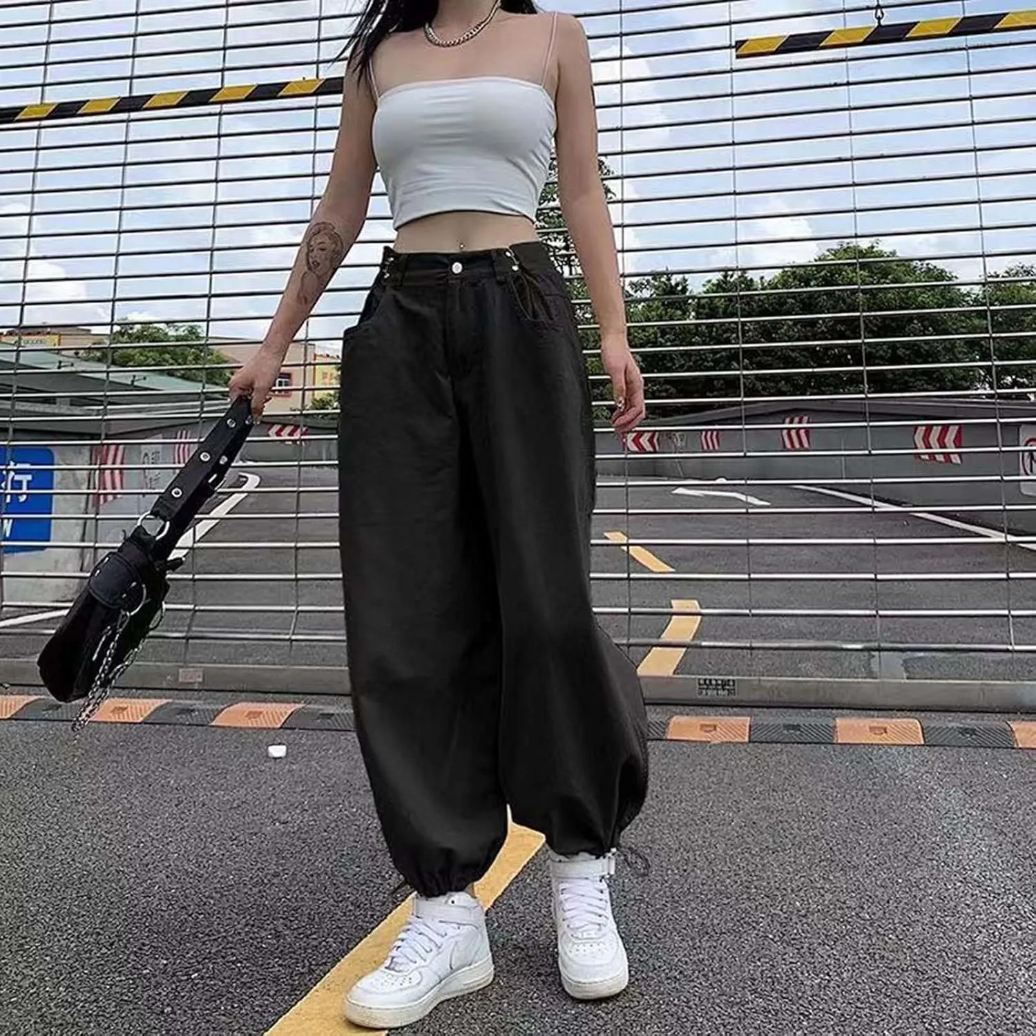 MLAFE Harajuku High-Waisted Women's Drawstring Pants Y2k Straight Work Harem Pants Hip-Hop Loose Outdoor Sports Ladies Pants