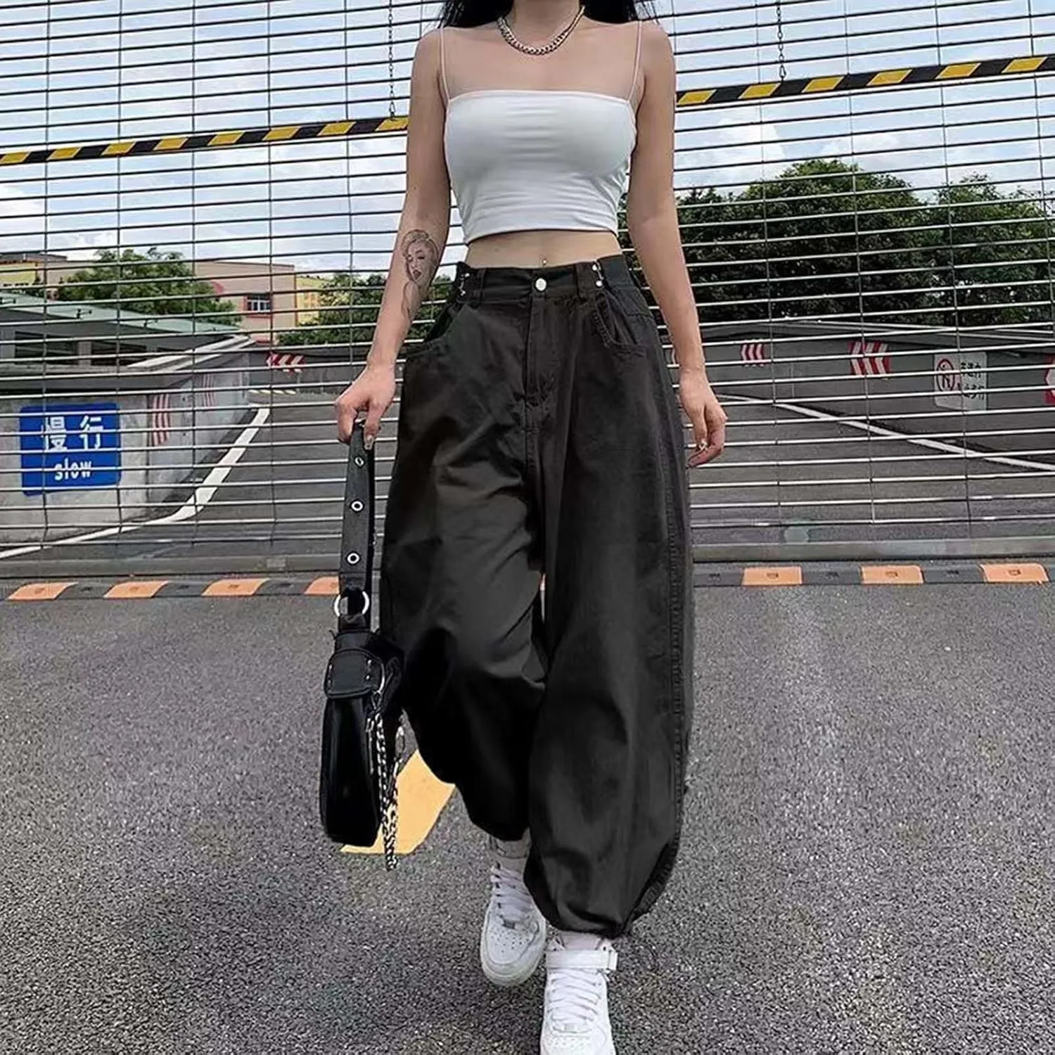 MLAFE Harajuku High-Waisted Women's Drawstring Pants Y2k Straight Work Harem Pants Hip-Hop Loose Outdoor Sports Ladies Pants