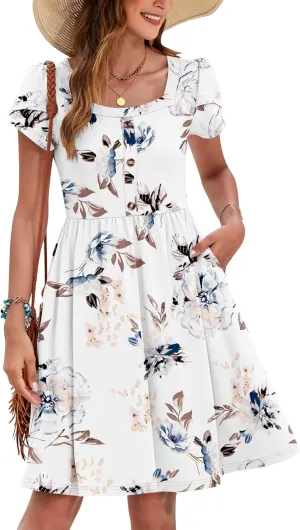 MOLERANI Women Summer Dresses Petal Sleeve Casual Square Neck Sundress Button Down 2025 Vacation Dress with Pockets