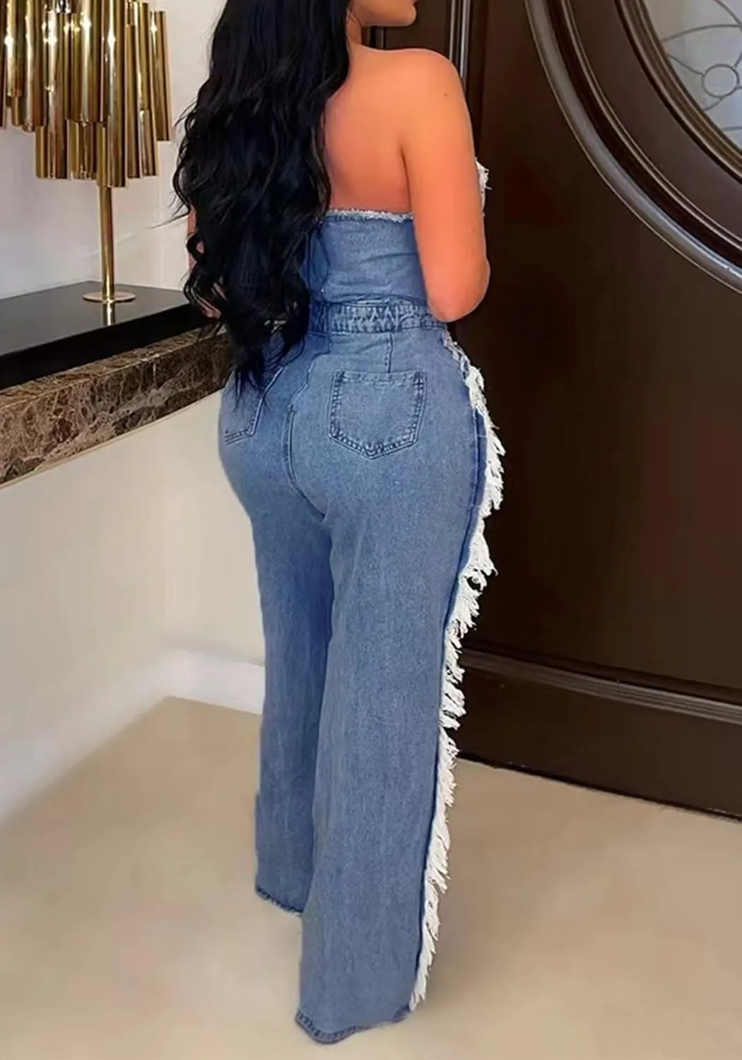 Molisry Women's Ripped Denim Jumpsuit Sexy Off Shoulder Tube Top Sleeveless Straight Wide Leg Baggy fringe Jean Rompers