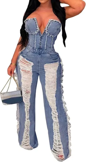 Molisry Women's Ripped Denim Jumpsuit Sexy Off Shoulder Tube Top Sleeveless Straight Wide Leg Baggy fringe Jean Rompers
