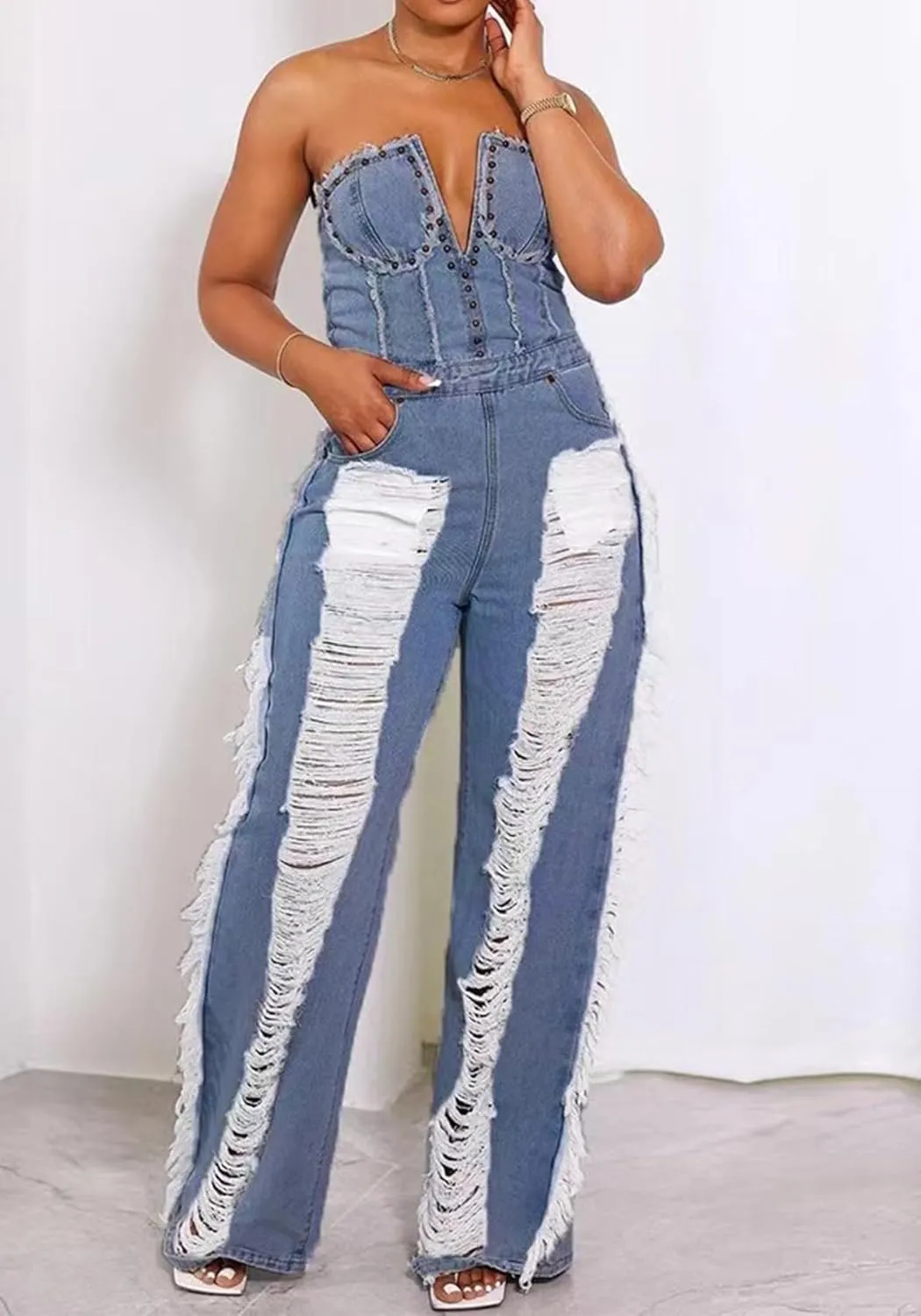 Molisry Women's Ripped Denim Jumpsuit Sexy Off Shoulder Tube Top Sleeveless Straight Wide Leg Baggy fringe Jean Rompers