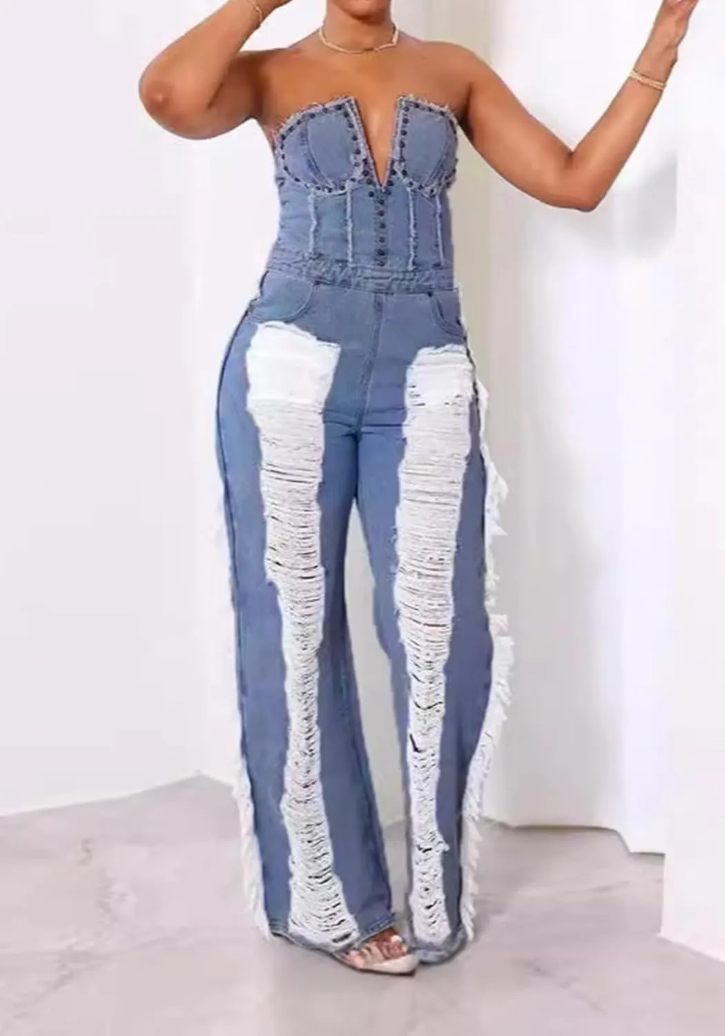 Molisry Women's Ripped Denim Jumpsuit Sexy Off Shoulder Tube Top Sleeveless Straight Wide Leg Baggy fringe Jean Rompers