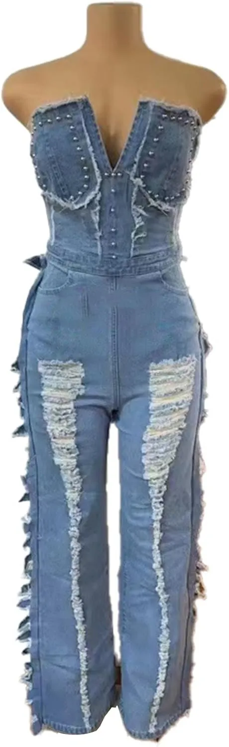 Molisry Women's Ripped Denim Jumpsuit Sexy Off Shoulder Tube Top Sleeveless Straight Wide Leg Baggy fringe Jean Rompers
