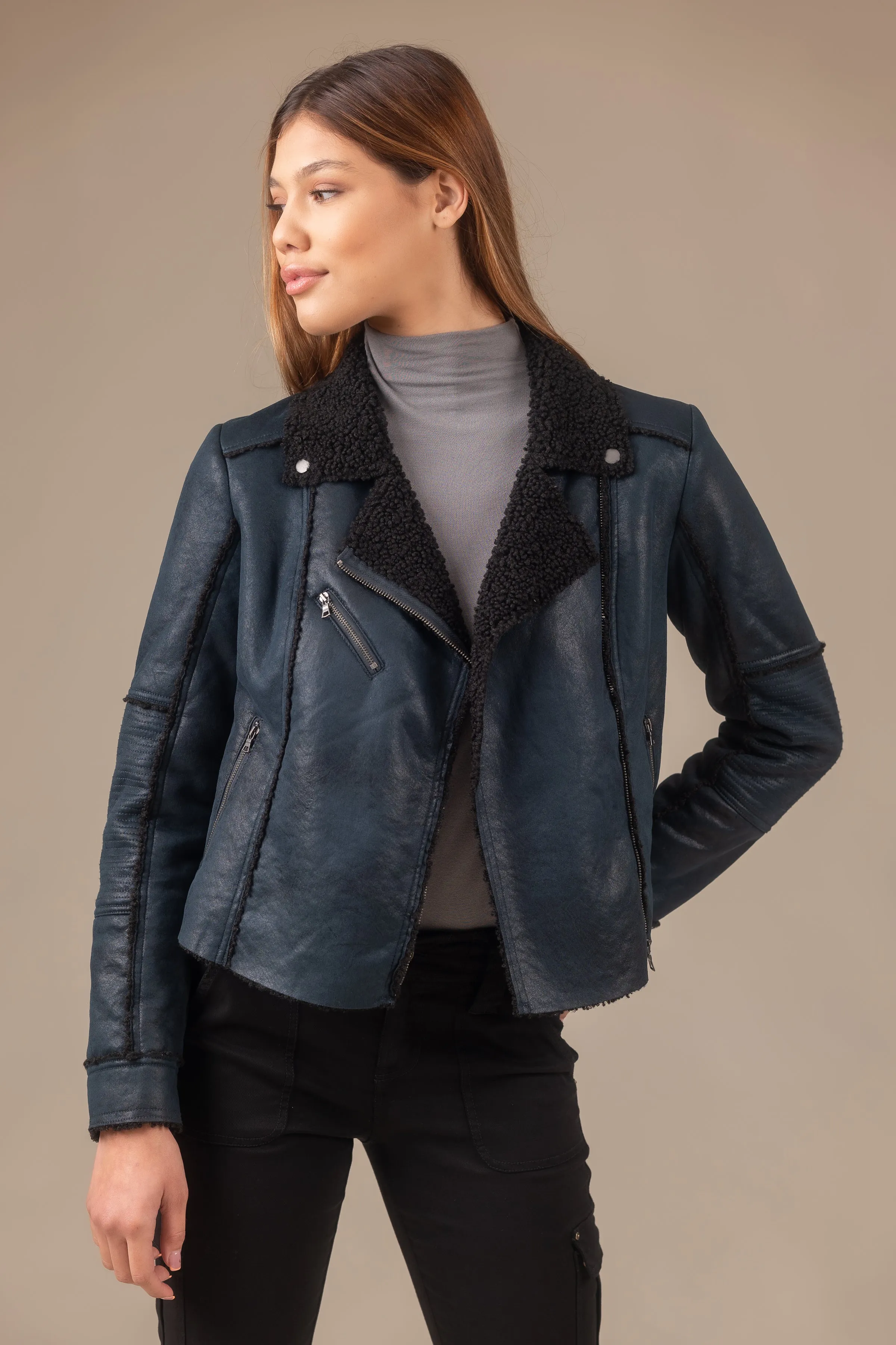 Molly Distressed Scuba Suede Sherpa Coat
