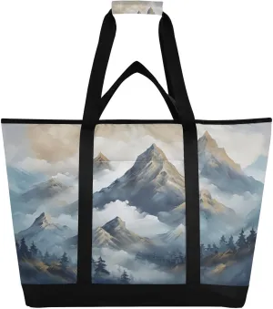 Mountain Watercolor Tote Bag for Women with Zipper Reusable Grocery Bags Foldable Insulated Cooler Bag Shopping Bags Handbags Totes for Groceries Travel Beach Work Picnic