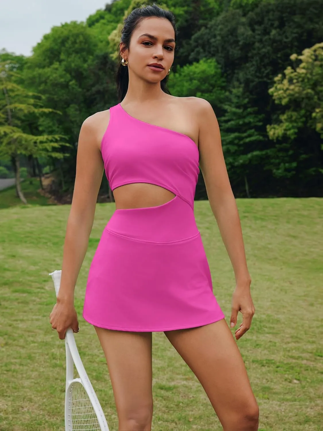 Nirovien Womens Sleeveless Workout Romper Dress with Shorts One Shoulder Skortsie Golf Athletic Tennis Dresses
