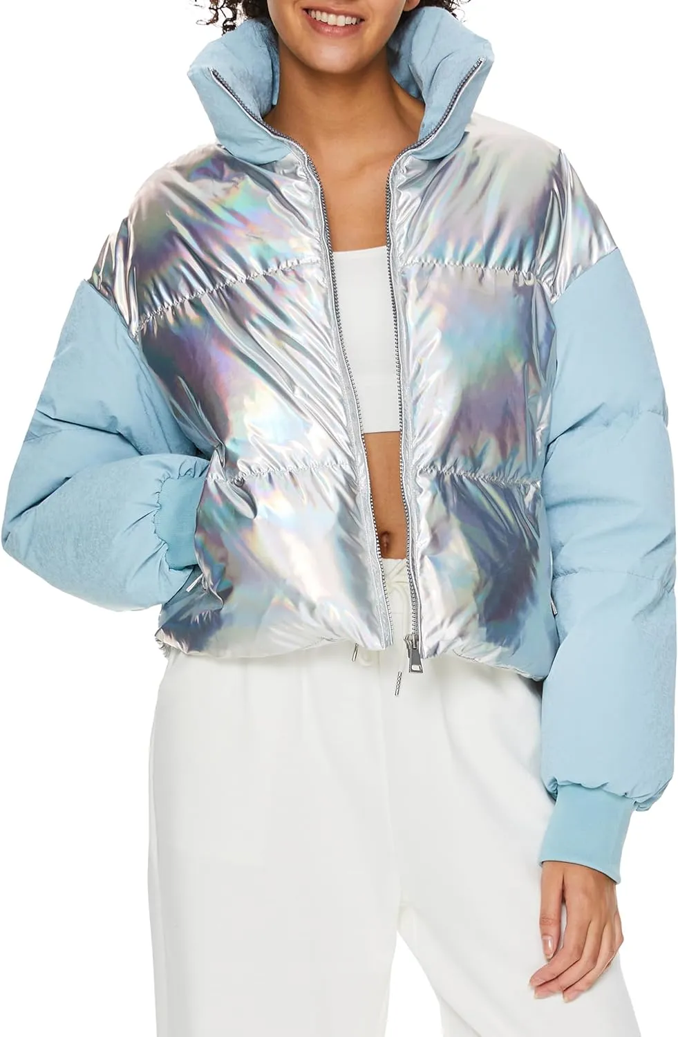 Orolay Women's Shiny Cropped Puffer Jacket Lightweight Metallic Zipper Winter Down Coat