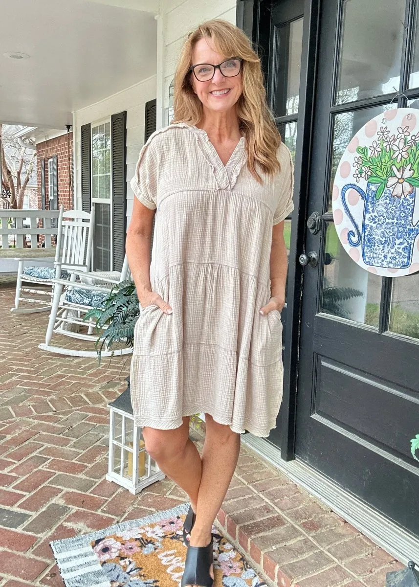 Pammie Gauze Raw Edge Dress - Ash Mocha