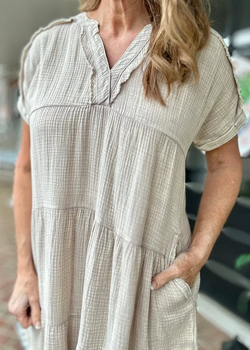 Pammie Gauze Raw Edge Dress - Ash Mocha