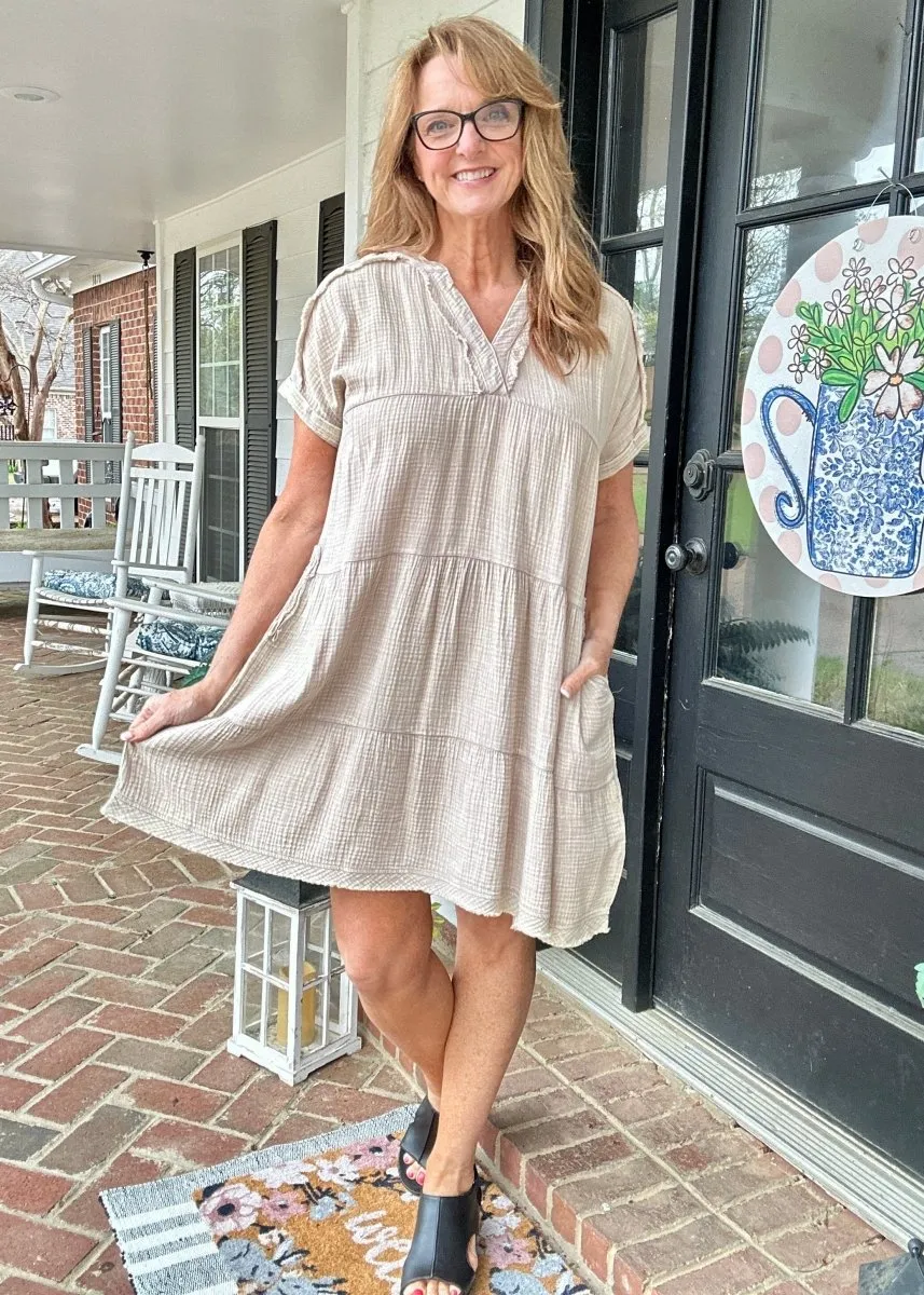 Pammie Gauze Raw Edge Dress - Ash Mocha