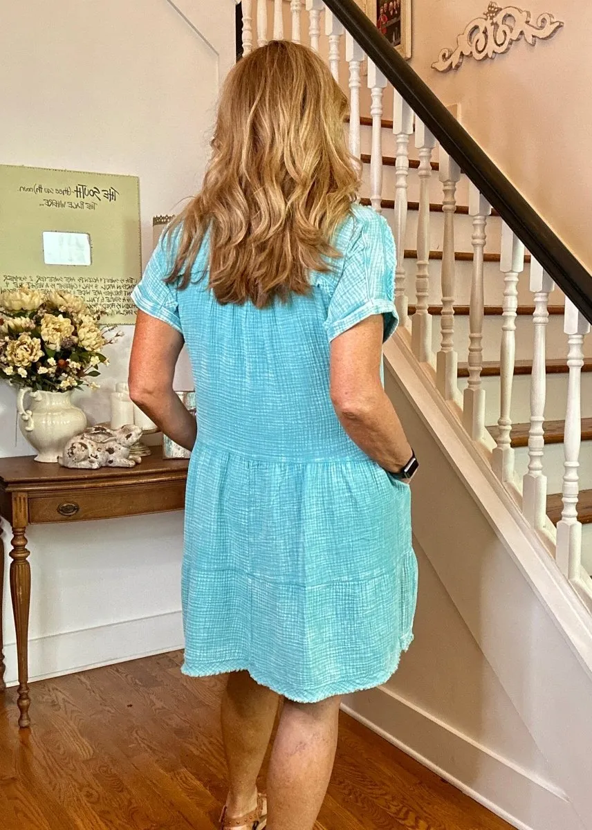 Pammie Gauze Raw Edge Dress - Dusty Teal