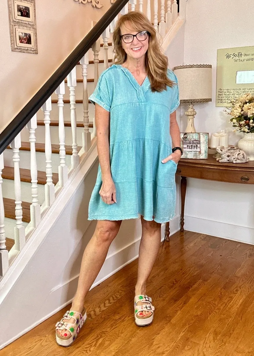 Pammie Gauze Raw Edge Dress - Dusty Teal