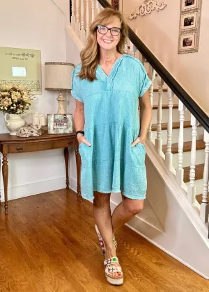 Pammie Gauze Raw Edge Dress - Dusty Teal