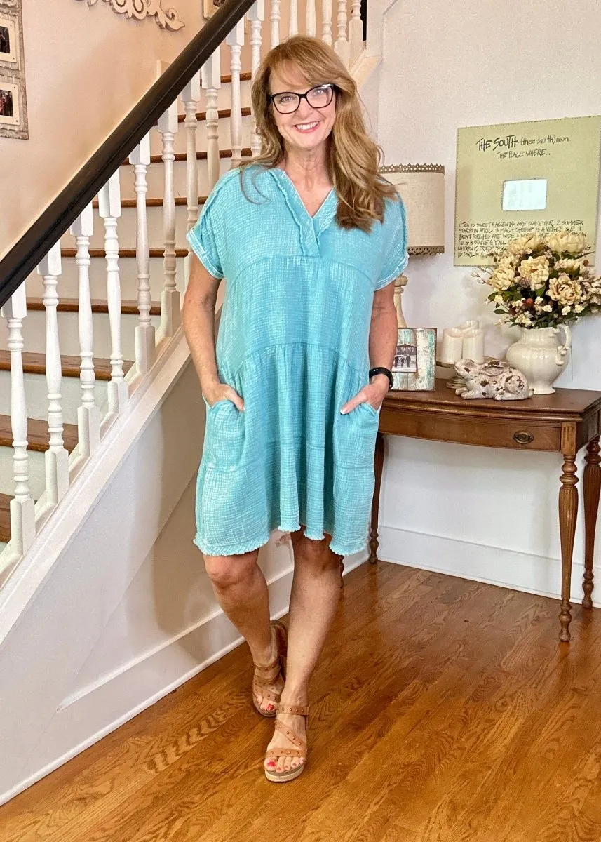 Pammie Gauze Raw Edge Dress - Dusty Teal