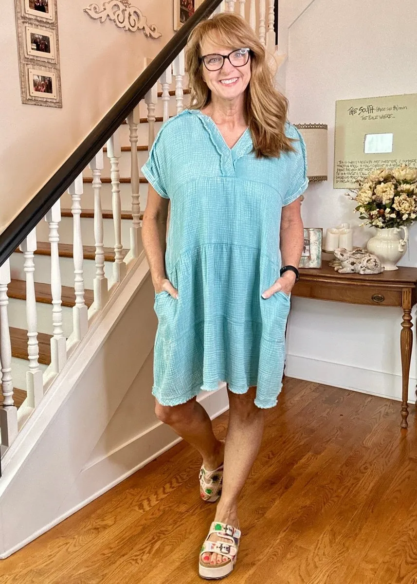 Pammie Gauze Raw Edge Dress - Dusty Teal