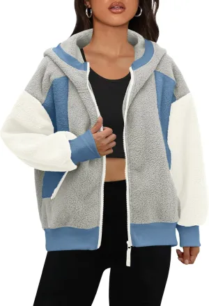 Panadila Womens Fuzzy Fleece Jacket Zip Up Oversized Hoodie Sherpa Warm Coats Color Block Top Outerwear with Pockets