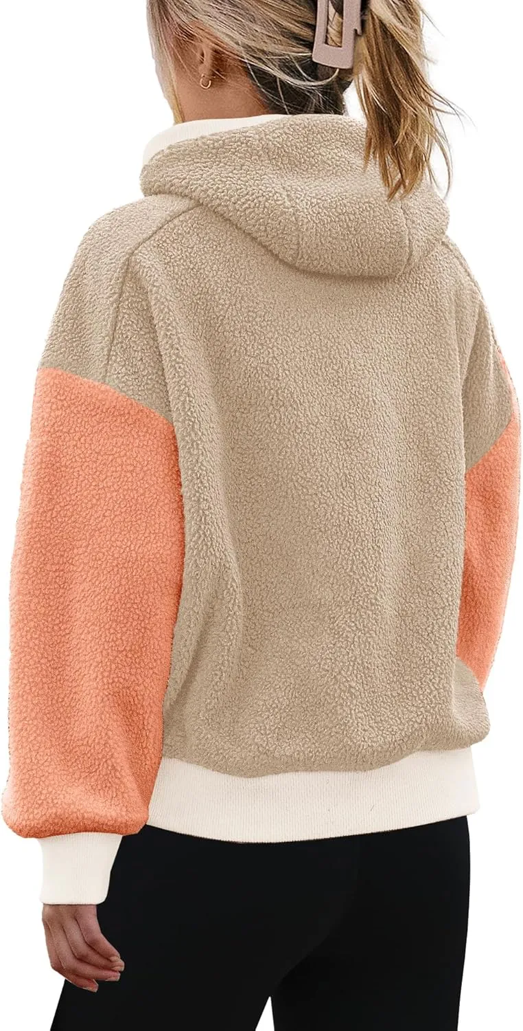 Panadila Womens Fuzzy Fleece Jacket Zip Up Oversized Hoodie Sherpa Warm Coats Color Block Top Outerwear with Pockets