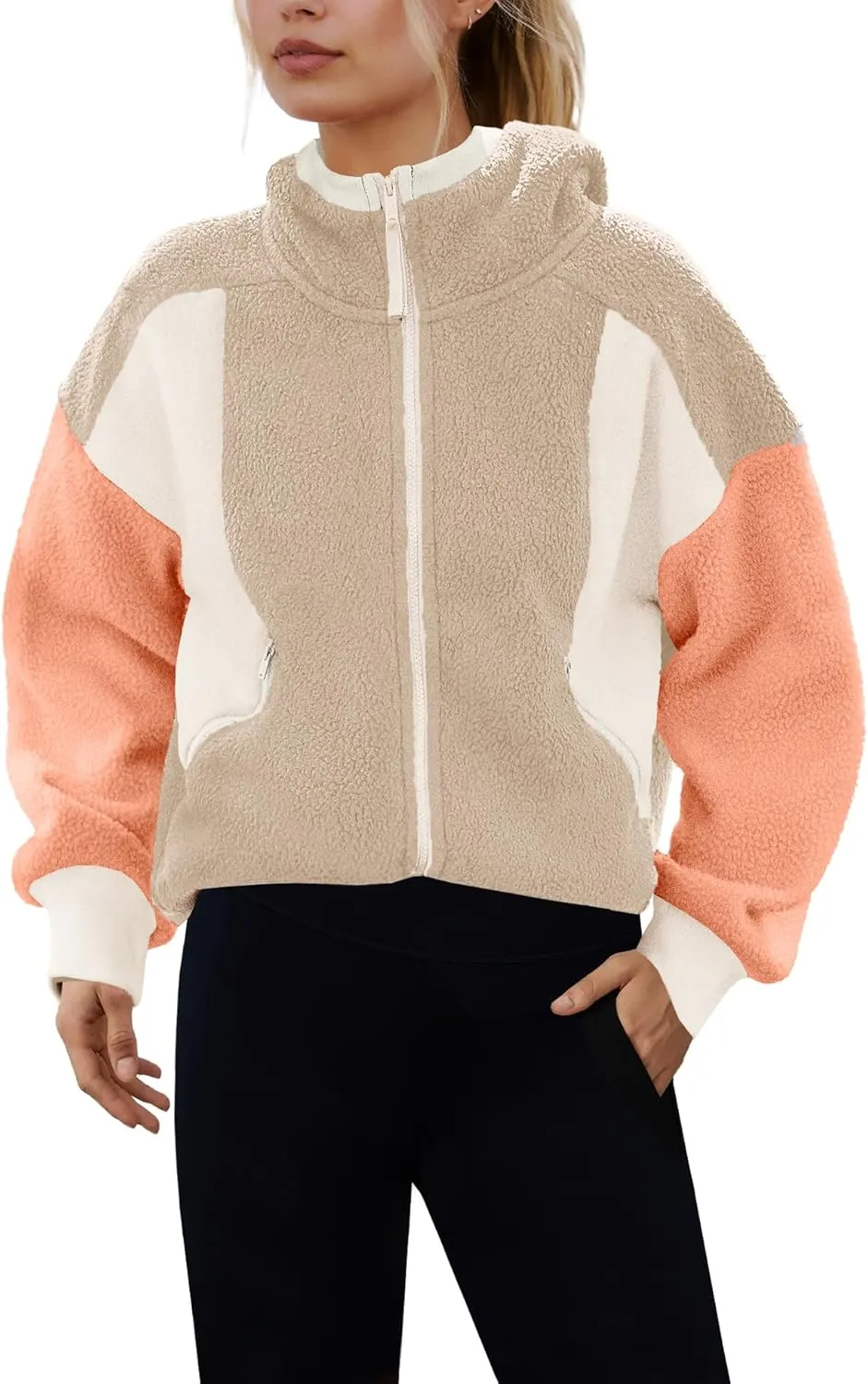 Panadila Womens Fuzzy Fleece Jacket Zip Up Oversized Hoodie Sherpa Warm Coats Color Block Top Outerwear with Pockets