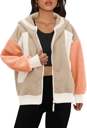 Panadila Womens Fuzzy Fleece Jacket Zip Up Oversized Hoodie Sherpa Warm Coats Color Block Top Outerwear with Pockets