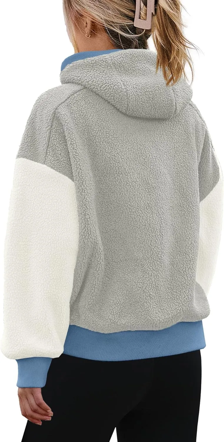 Panadila Womens Fuzzy Fleece Jacket Zip Up Oversized Hoodie Sherpa Warm Coats Color Block Top Outerwear with Pockets