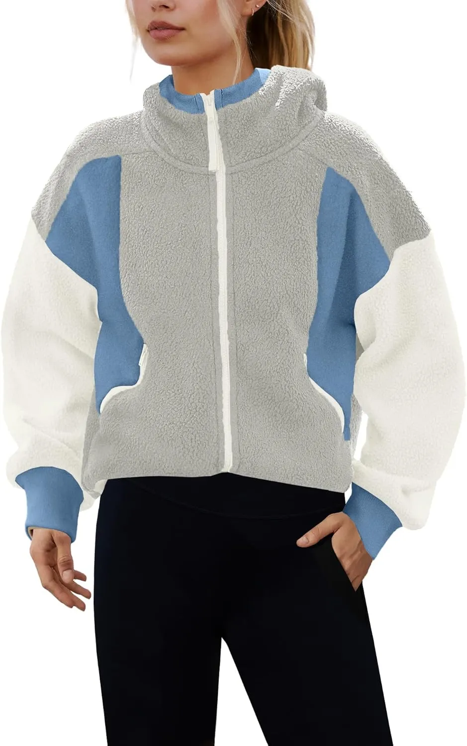 Panadila Womens Fuzzy Fleece Jacket Zip Up Oversized Hoodie Sherpa Warm Coats Color Block Top Outerwear with Pockets
