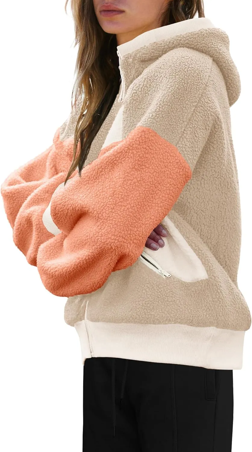 Panadila Womens Fuzzy Fleece Jacket Zip Up Oversized Hoodie Sherpa Warm Coats Color Block Top Outerwear with Pockets
