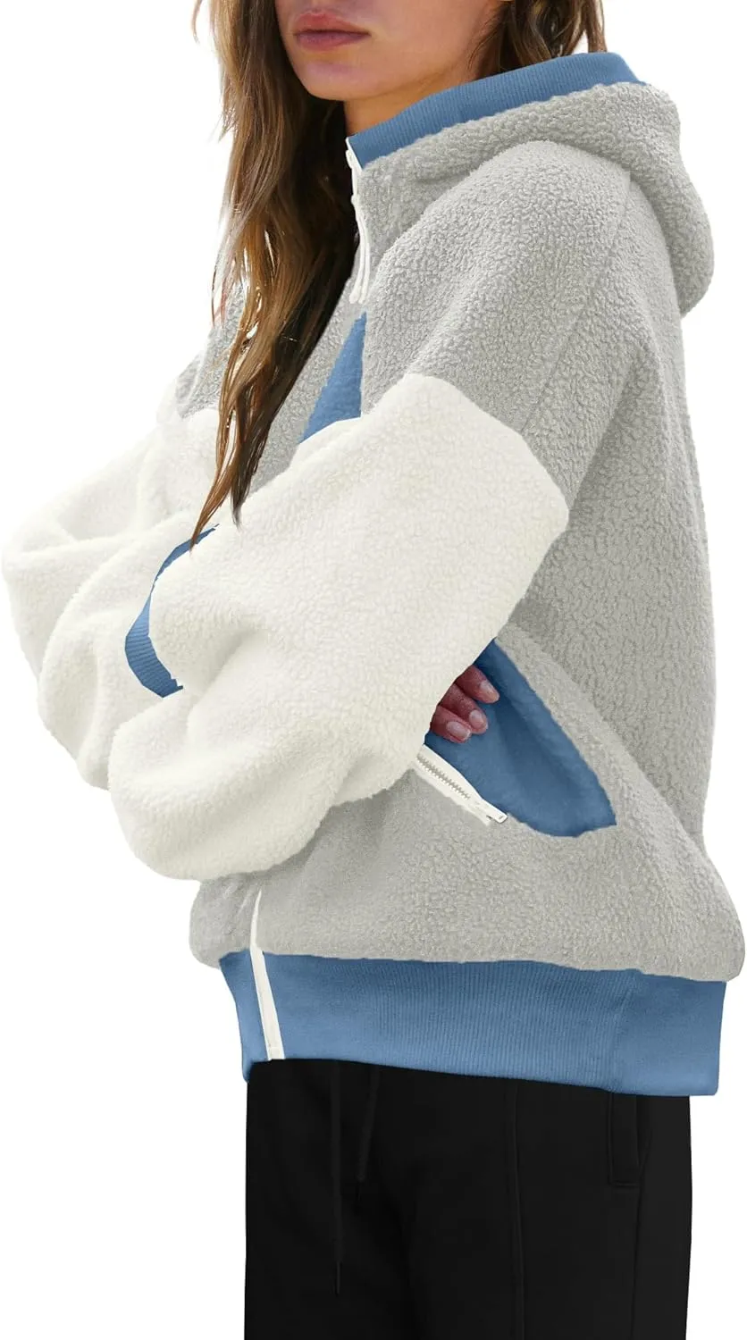 Panadila Womens Fuzzy Fleece Jacket Zip Up Oversized Hoodie Sherpa Warm Coats Color Block Top Outerwear with Pockets