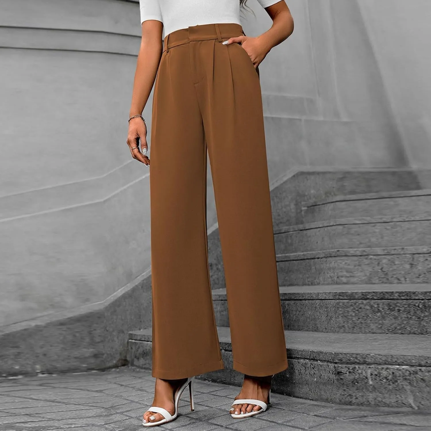 Pants for Women, High Waist Baggy Trousers Straight Leg Slacks Wide Leg Pants