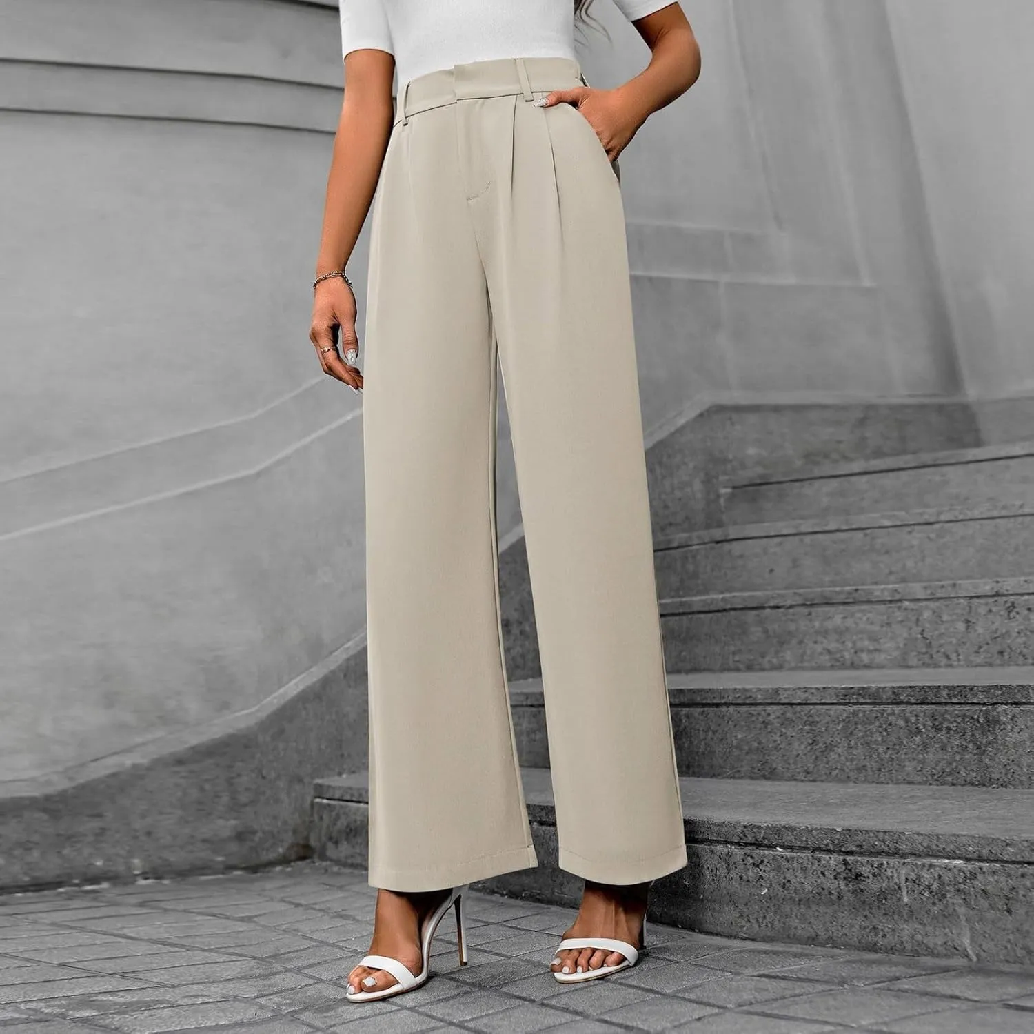 Pants for Women, High Waist Baggy Trousers Straight Leg Slacks Wide Leg Pants