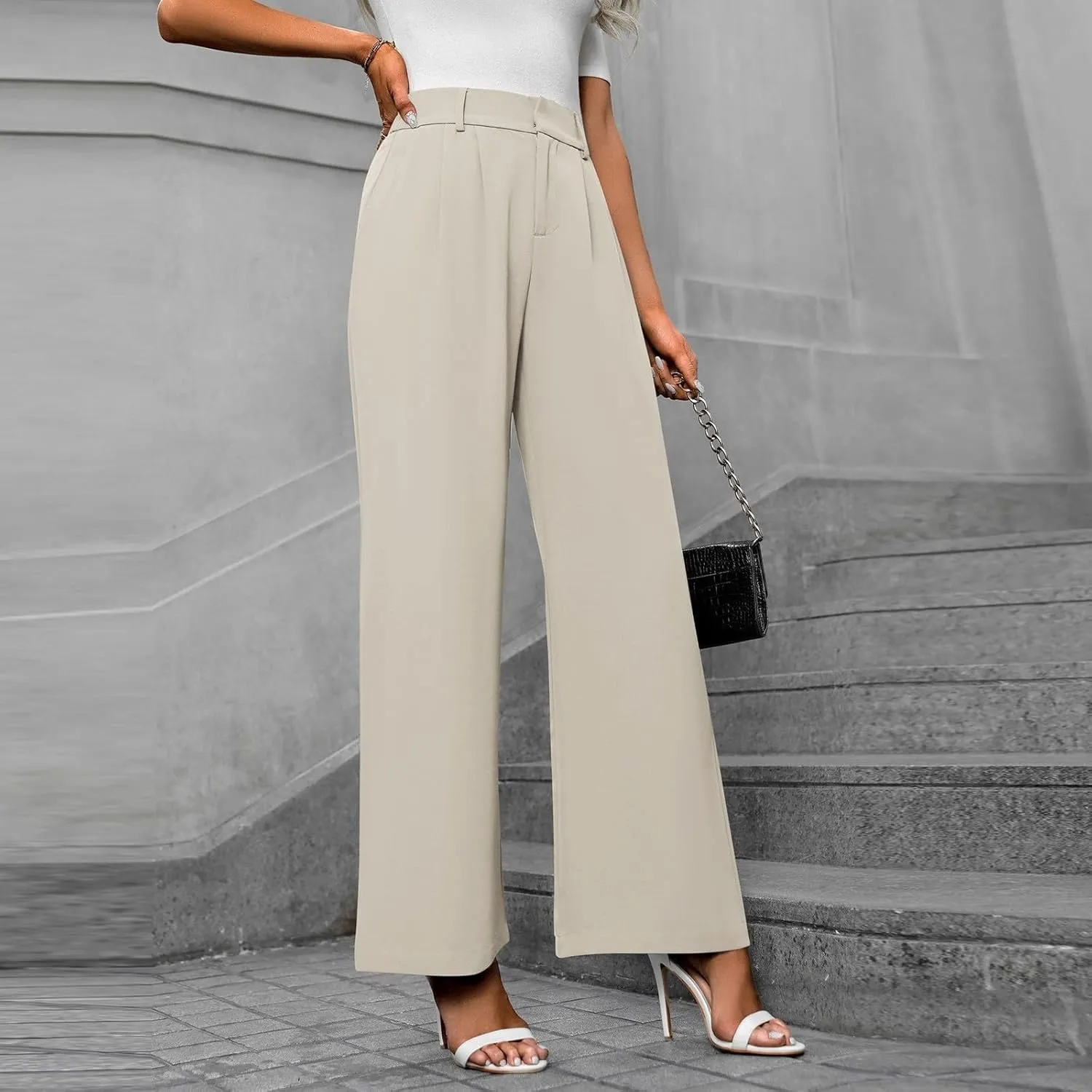 Pants for Women, High Waist Baggy Trousers Straight Leg Slacks Wide Leg Pants