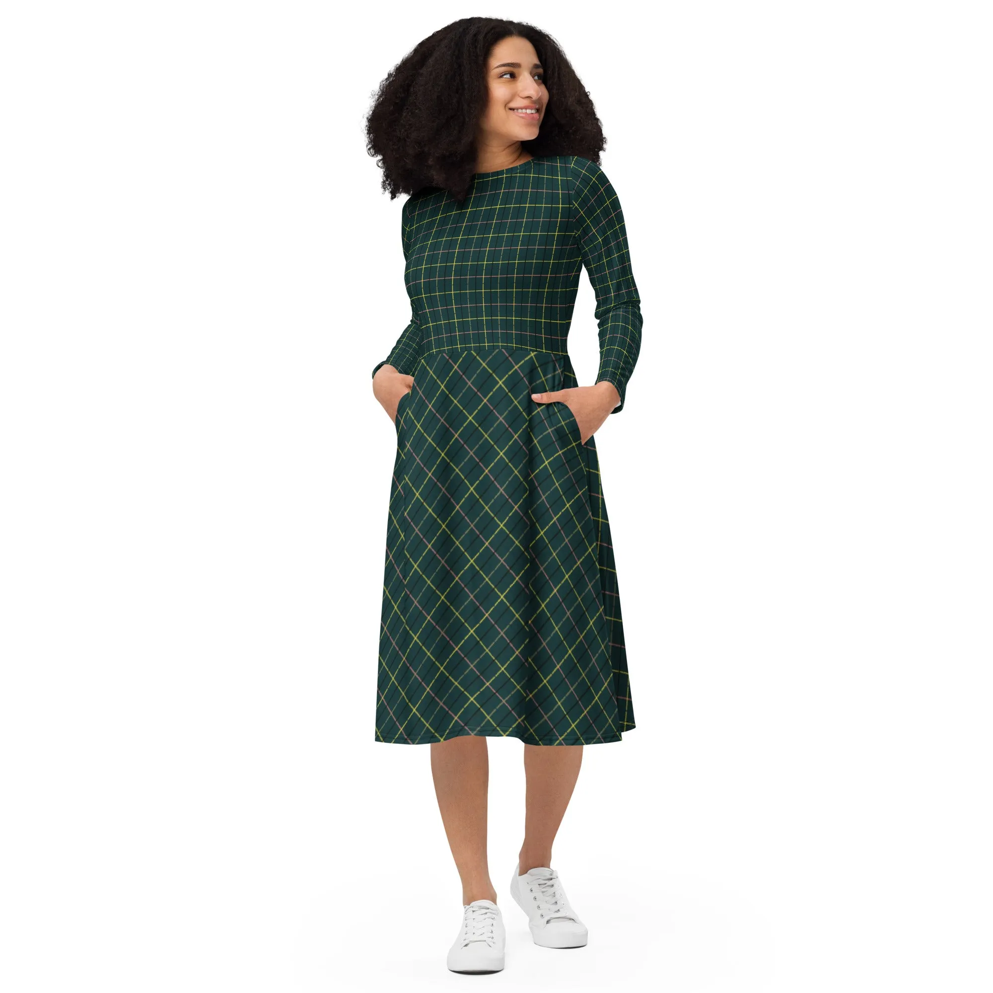 Plaid long sleeve midi dress