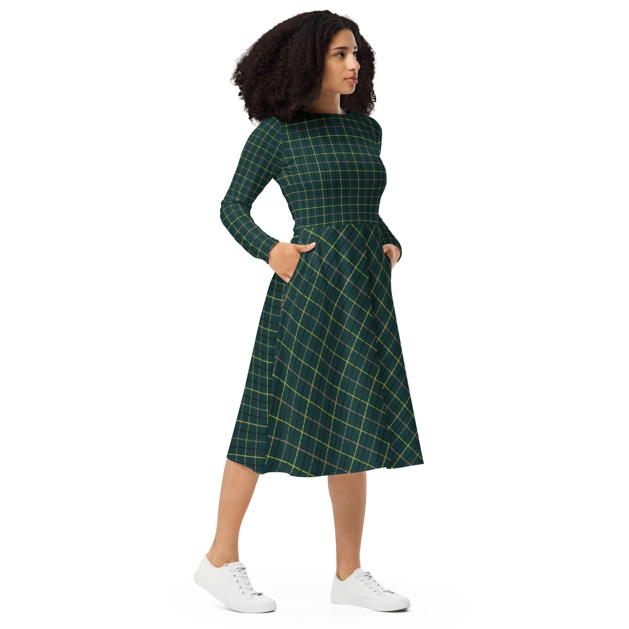 Plaid long sleeve midi dress