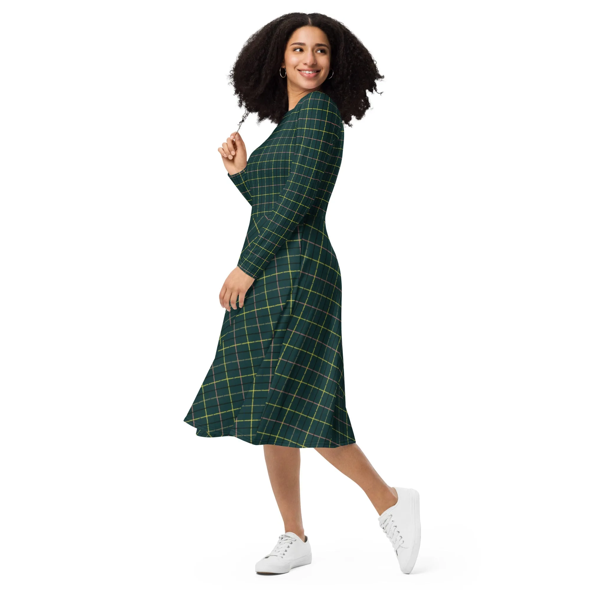 Plaid long sleeve midi dress