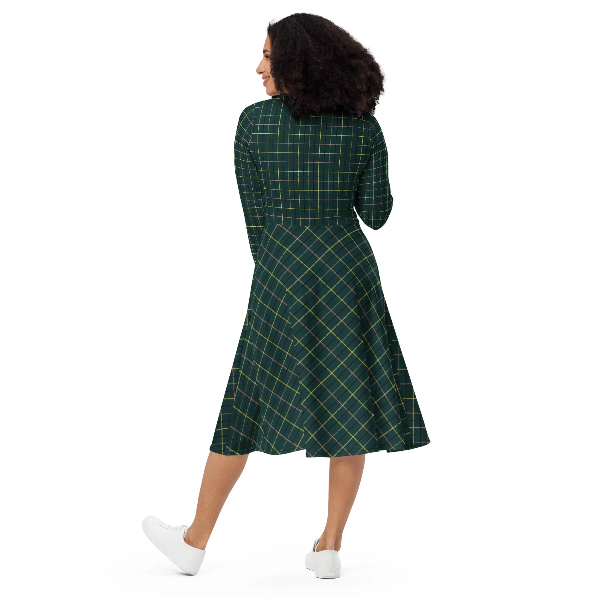 Plaid long sleeve midi dress