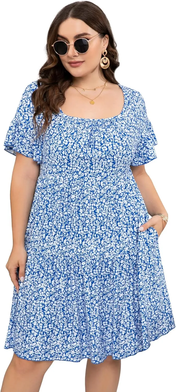 Plus Size Dress Women's Plus Size Floral V-Neck Dress Short Sleeve Knee Length A-line Mini Dresses