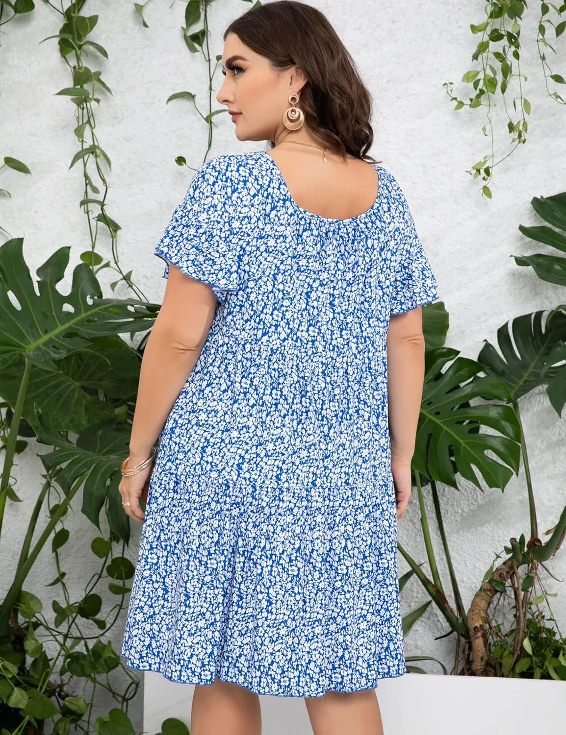 Plus Size Dress Women's Plus Size Floral V-Neck Dress Short Sleeve Knee Length A-line Mini Dresses