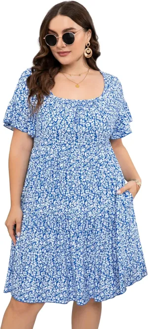 Plus Size Dress Women's Plus Size Floral V-Neck Dress Short Sleeve Knee Length A-line Mini Dresses
