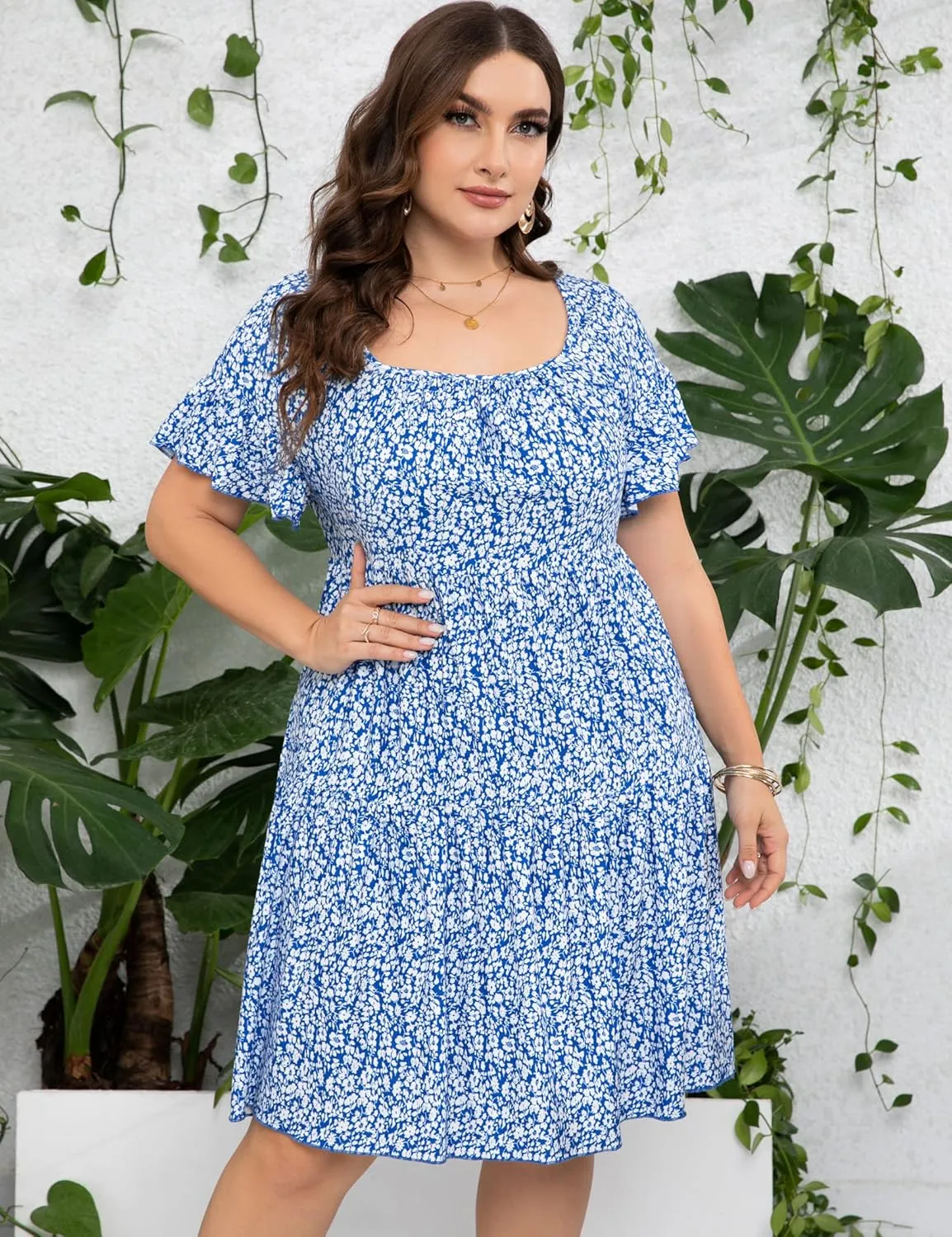 Plus Size Dress Women's Plus Size Floral V-Neck Dress Short Sleeve Knee Length A-line Mini Dresses