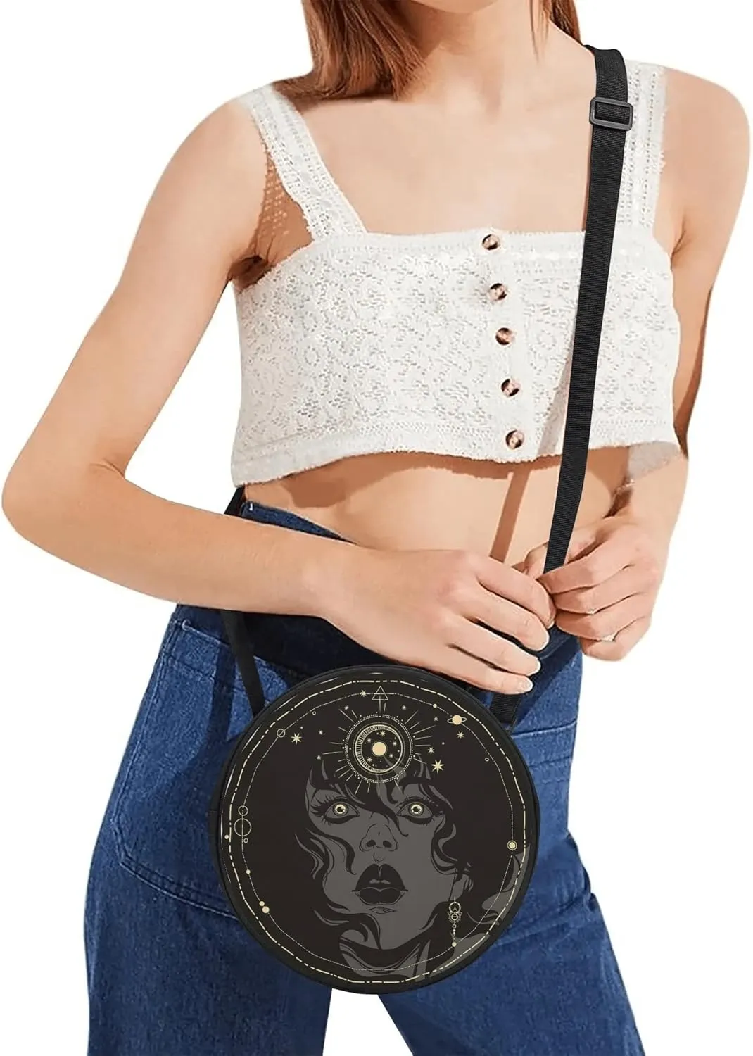 POPCUSTOMS Vintage Stylized Magic Sun & Moon Crossbody Bag Personalized Mini Circular Handbags
