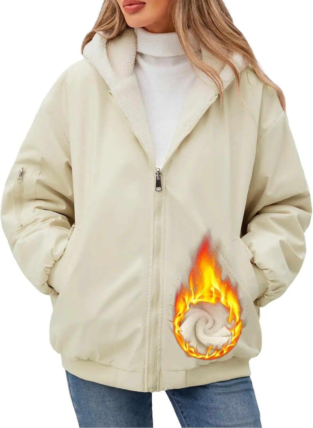 Rain Coat for Women Waterproof Reversible Fleece Line Jacket Loose Fit Zip Up Hoodie Insulated Windbreaker with Pocket