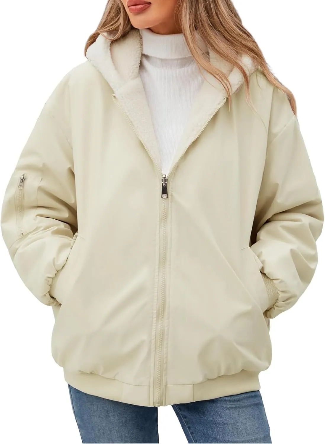 Rain Coat for Women Waterproof Reversible Fleece Line Jacket Loose Fit Zip Up Hoodie Insulated Windbreaker with Pocket