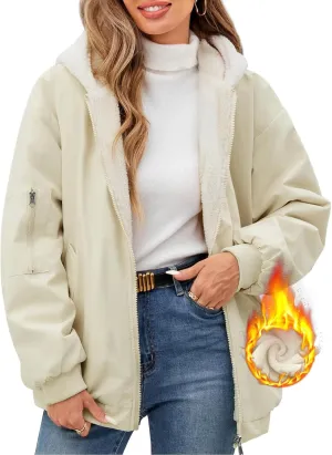 Rain Coat for Women Waterproof Reversible Fleece Line Jacket Loose Fit Zip Up Hoodie Insulated Windbreaker with Pocket