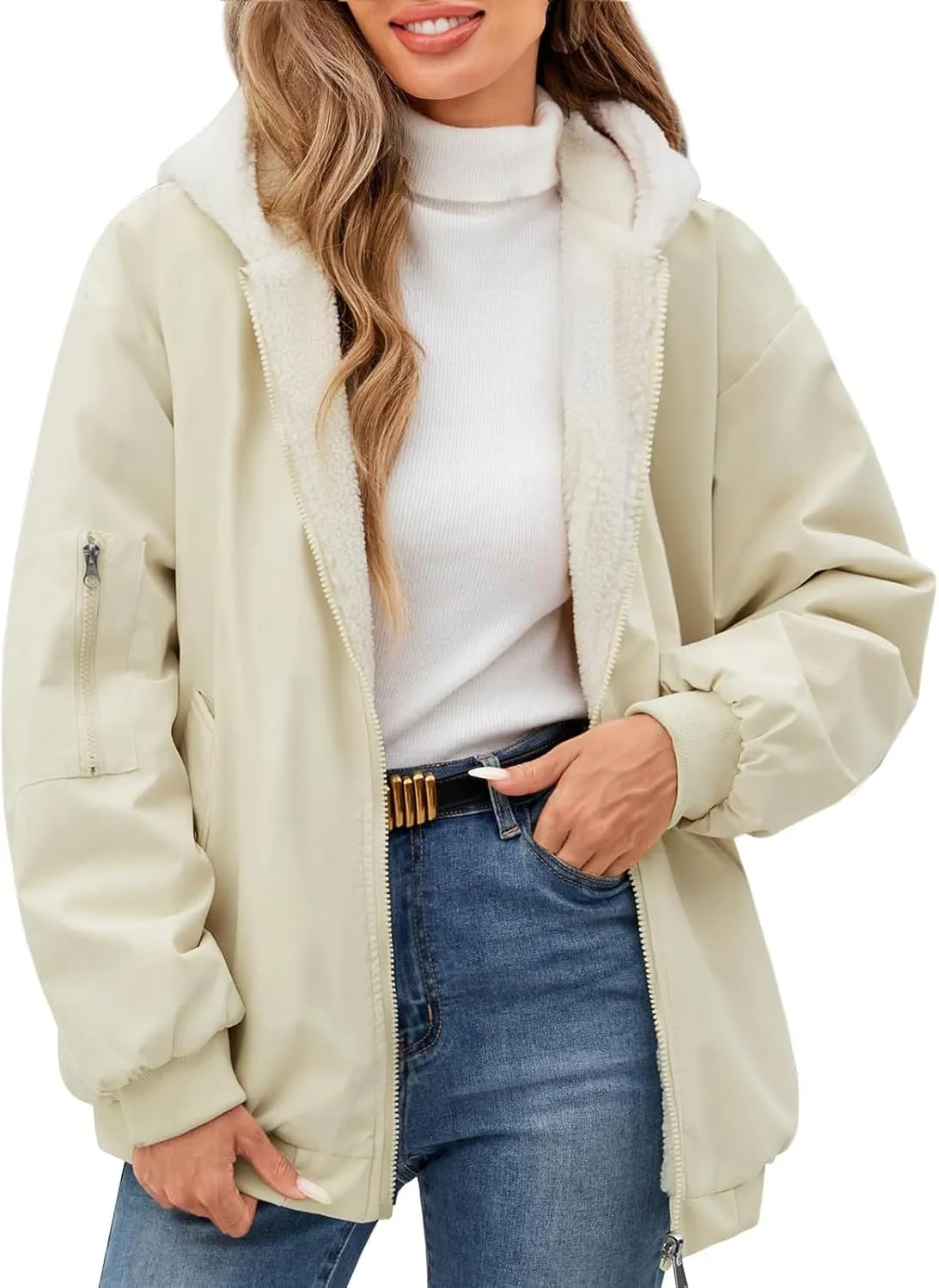 Rain Coat for Women Waterproof Reversible Fleece Line Jacket Loose Fit Zip Up Hoodie Insulated Windbreaker with Pocket