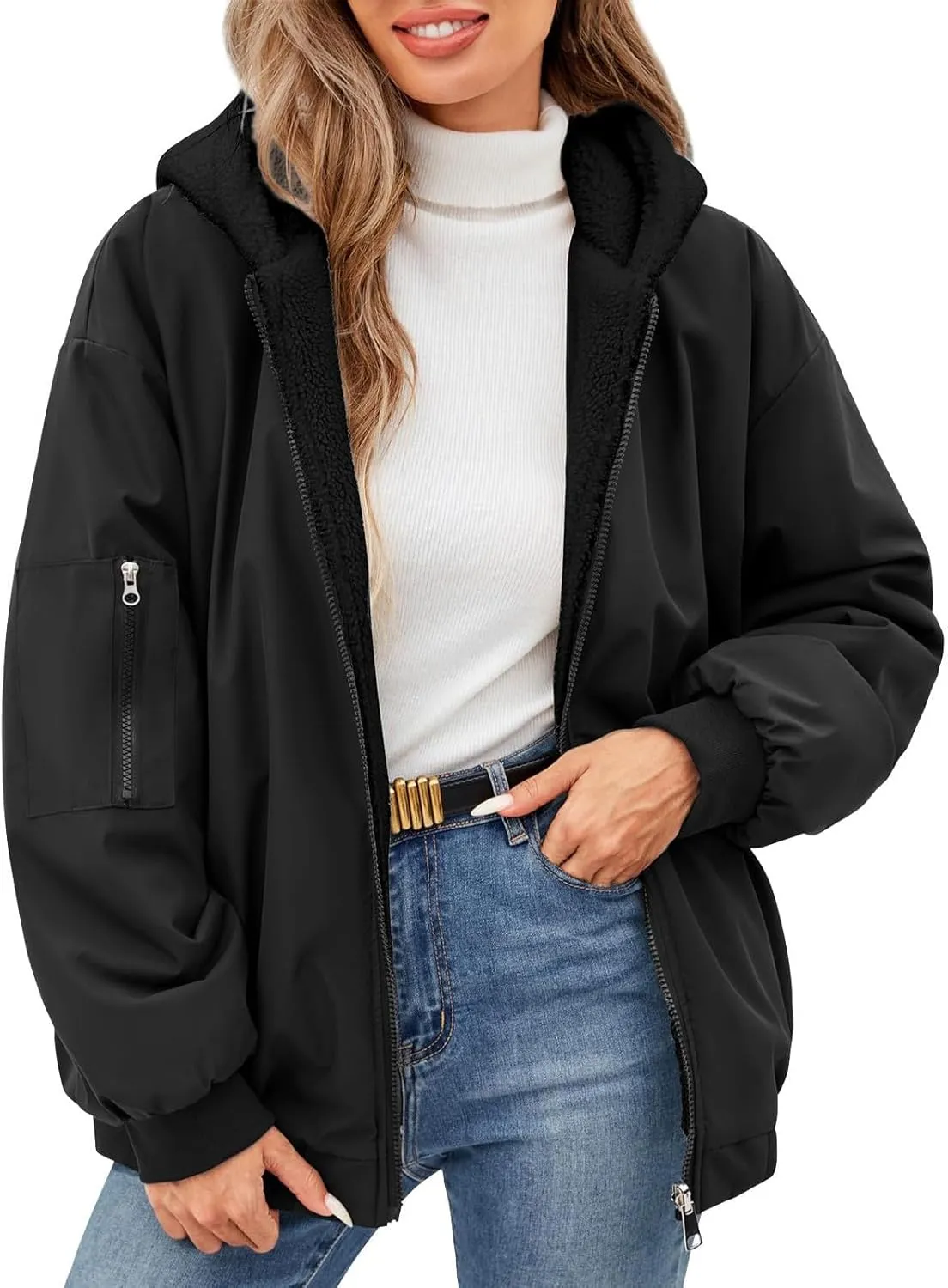Rain Coat for Women Waterproof Reversible Fleece Line Jacket Loose Fit Zip Up Hoodie Insulated Windbreaker with Pocket