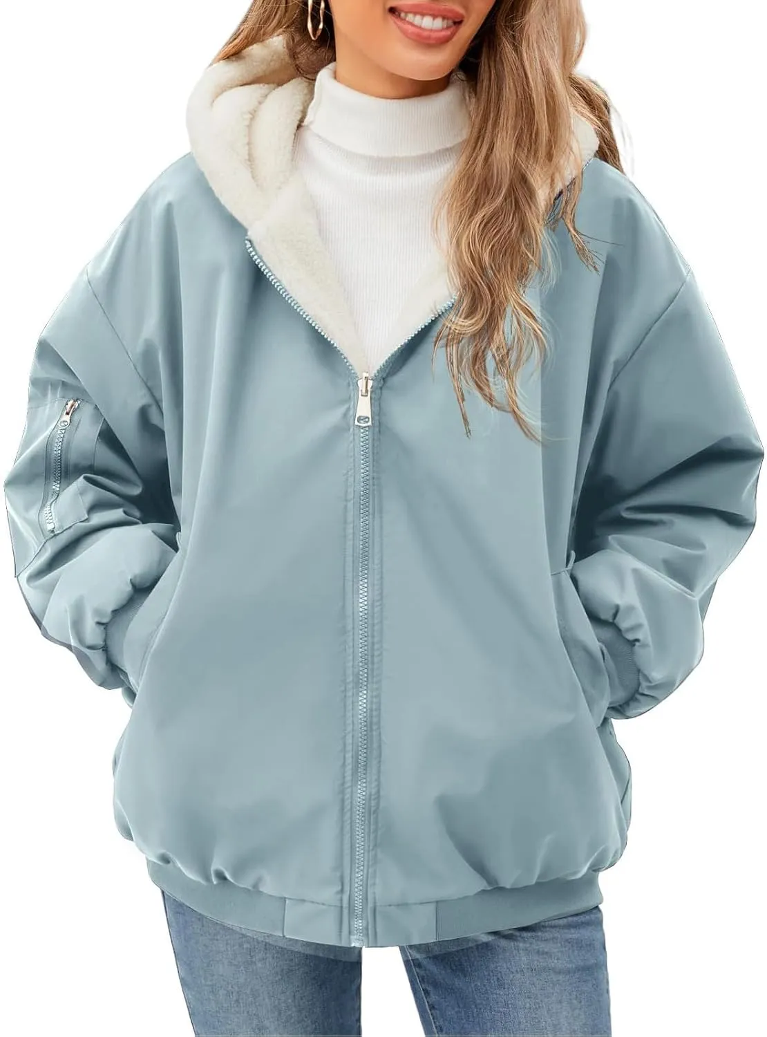 Rain Coat for Women Waterproof Reversible Fleece Line Jacket Loose Fit Zip Up Hoodie Insulated Windbreaker with Pocket