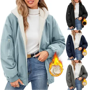 Rain Coat for Women Waterproof Reversible Fleece Line Jacket Loose Fit Zip Up Hoodie Insulated Windbreaker with Pocket