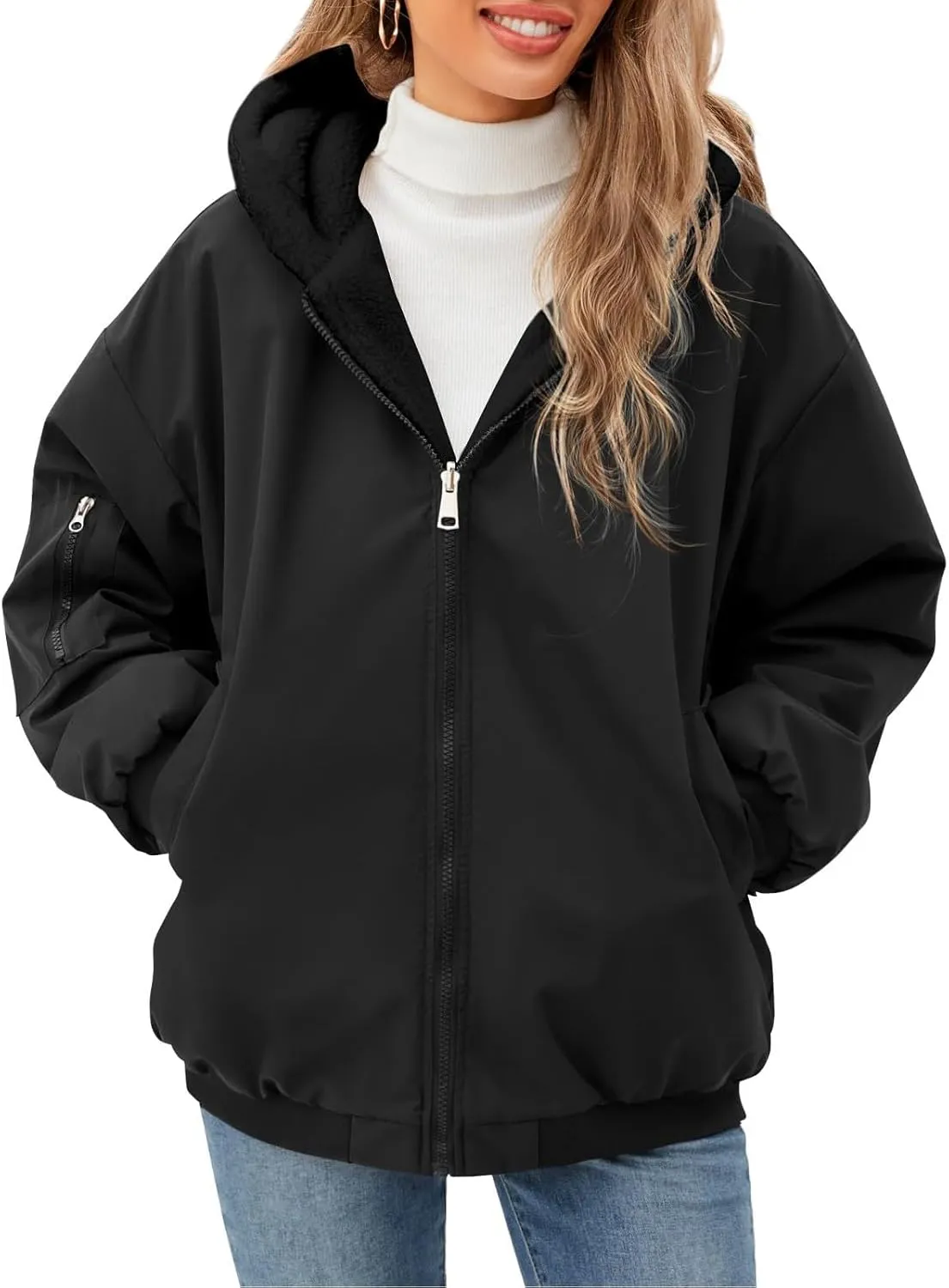 Rain Coat for Women Waterproof Reversible Fleece Line Jacket Loose Fit Zip Up Hoodie Insulated Windbreaker with Pocket