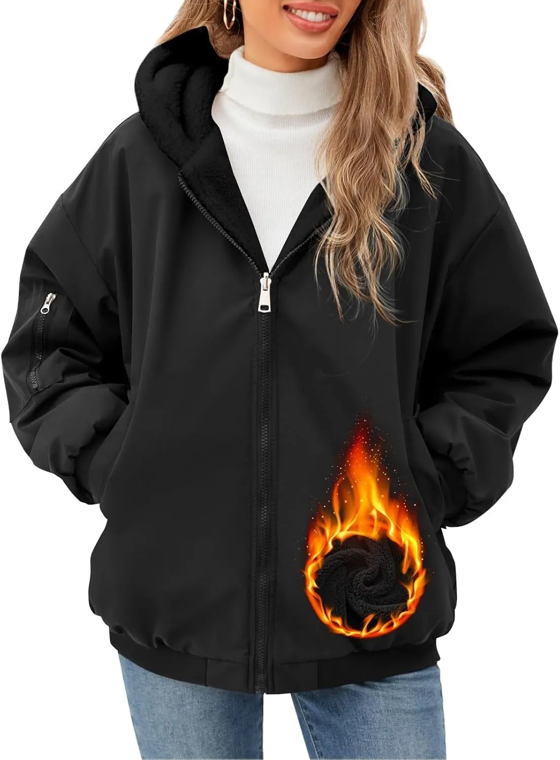 Rain Coat for Women Waterproof Reversible Fleece Line Jacket Loose Fit Zip Up Hoodie Insulated Windbreaker with Pocket